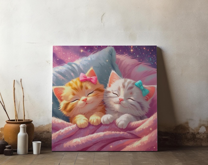 Good Night Kittens Canvas Wall Art: Cozy Cat Lover Decor (14x14 Canvas Only)