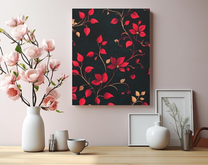 Red Floral Canvas Wall Art, Botanical Home Decor (16x20)
