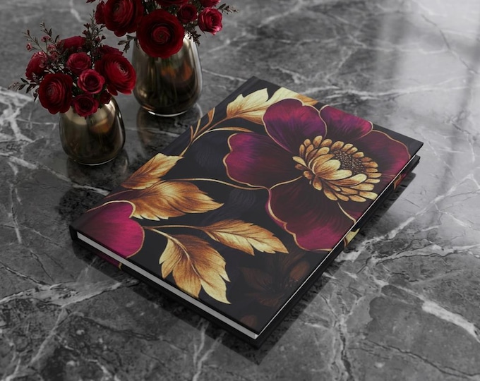Burgundy Gold Floral Hardcover Journal | Dark Botanical Notebook
