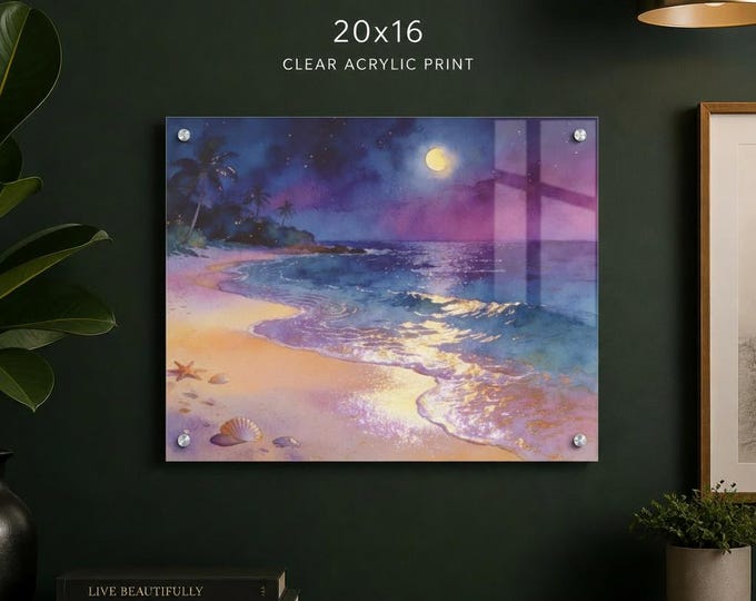 Midnight Radiance Acrylic Print | French Cleat Hanging | Moonlit Beach Seascape Accent