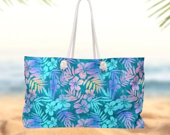 Hibiscus Glimmer Weekender Bag | Teal Purple Floral Travel Tote