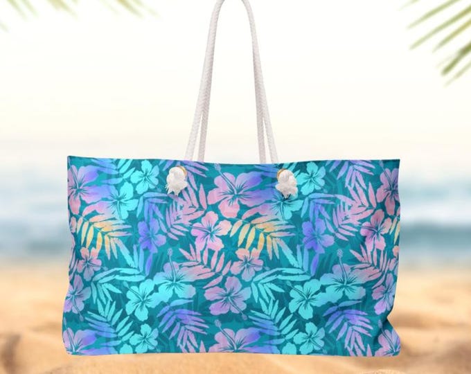 Hibiscus Glimmer Weekender Bag | Teal Purple Floral Travel Tote