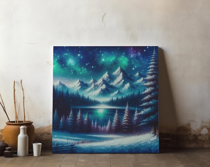 Winter Northern Lights Canvas Art: Mountain Lake Scene (14x14)
