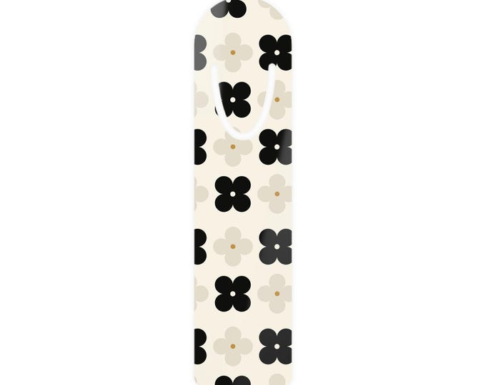 Neutral Floral Pattern Bookmark | Metal Corner Bookmark with Beige and Black Flowers