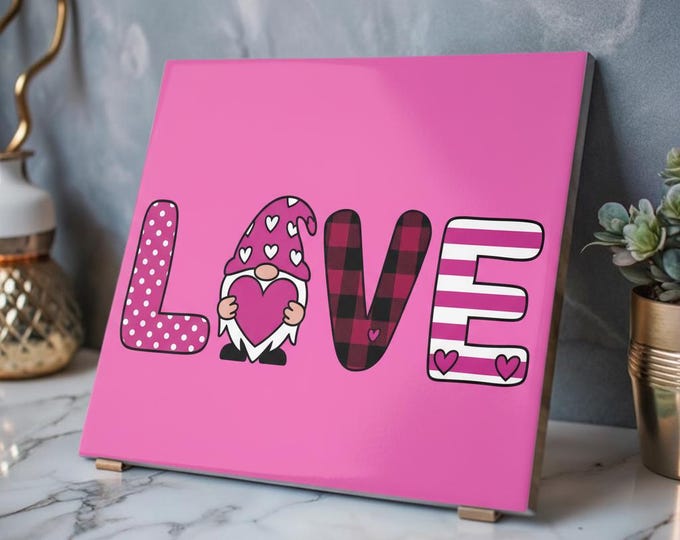 Gnome Kisses & Heart Wishes Acrylic Print | Dark Pink Valentine Gnome LOVE Wall Accent