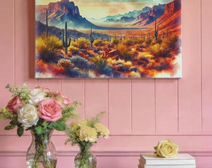 Desert Mountain Canvas Wall Art: Saguaro Cactus Landscape