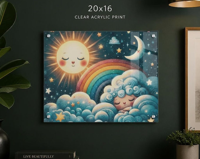 Sleeping Moon and Rainbow Nursery Acrylic Print | Wall Art