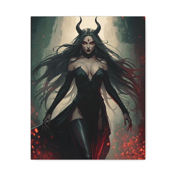 Gothic Fantasy Canvas Art: Fierce Woman in Embers, Dark Home Decor