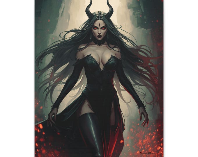 Gothic Fantasy Canvas Art: Fierce Woman in Embers, Dark Home Decor