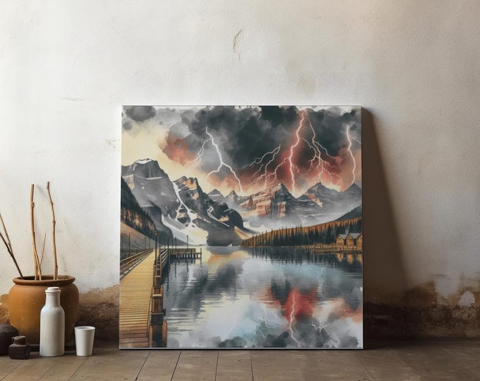 Mountain Lakeshore Canvas Wall Art: Harmonious Weather Elements, Lake House Decor (14x14 Canvas Artwork)