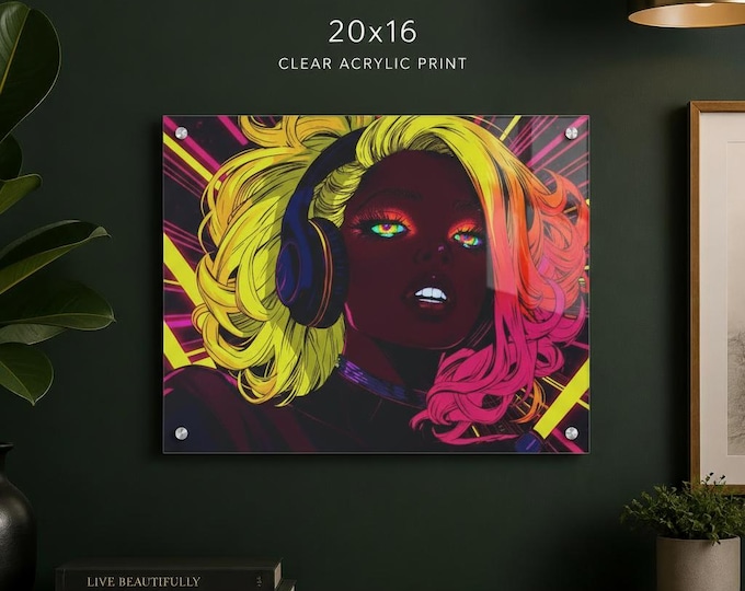 Split Spectrum Siren Acrylic Print | Neon Pop Portrait with French Cleat Hanging