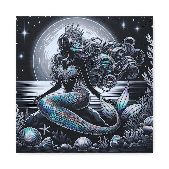 Mermaid Moonlight Canvas Art: Coastal Nautical Wall Decor, 14x14
