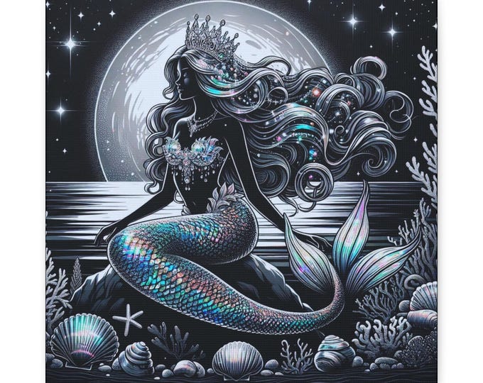 Mermaid Moonlight Canvas Art: Coastal Nautical Wall Decor, 14x14