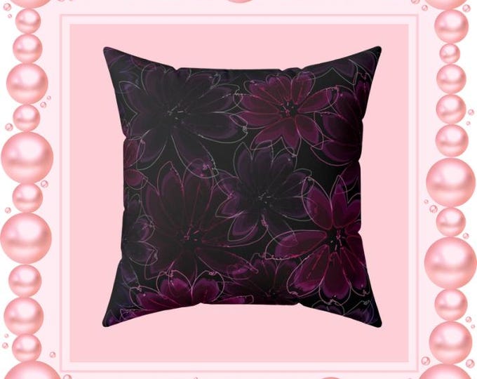 Black Floral Polyester Pillow | Decorative Throw Pillow
