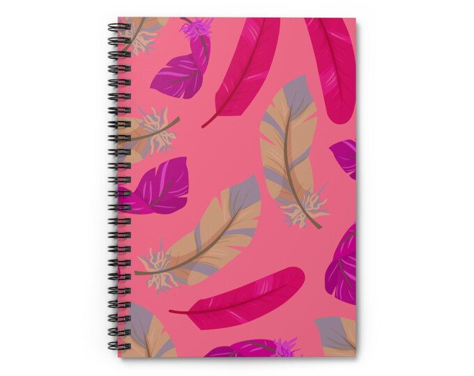 Feather Design Spiral Notebook: Boho Journal with Pocket