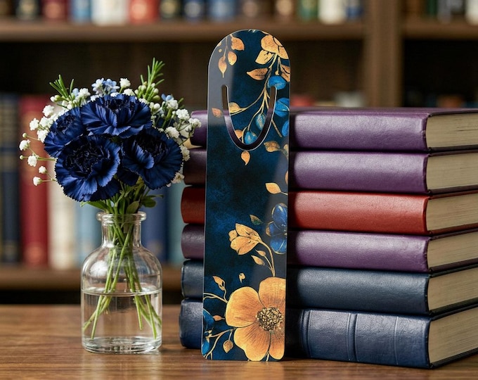Golden Floral Bookmark | Metal Page Marker, Navy Blue Flower Design