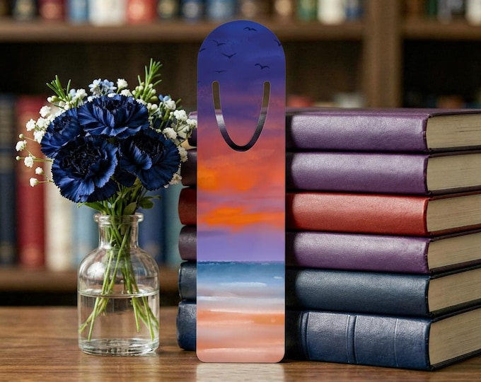 Sunset Beach Bookmark | Ocean Waves Seagulls Metal Bookmark