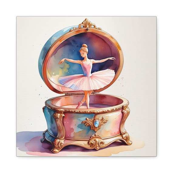 Ballerina Canvas Wall Art: Vintage Jewelry Box Design, 14x14