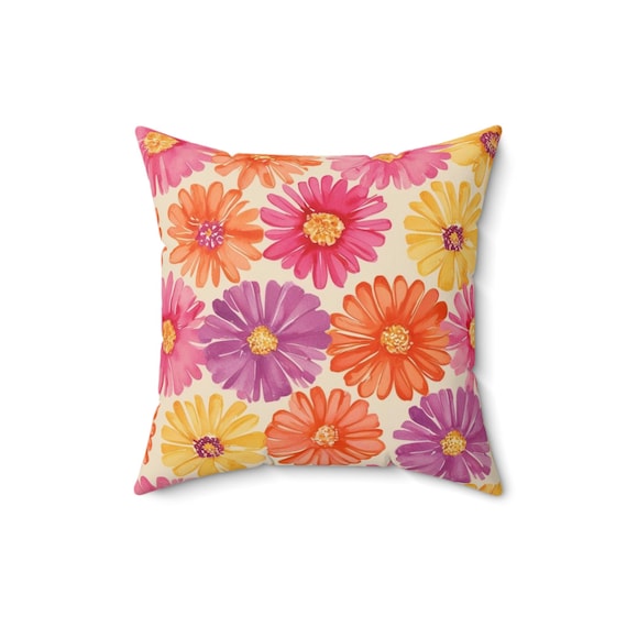 Tangerine Carnelian Floral Pillow: Colorful Flower Cushion, Spring Decor