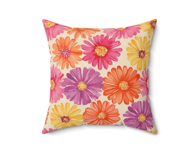 Tangerine Carnelian Floral Pillow: Colorful Flower Cushion, Spring Decor