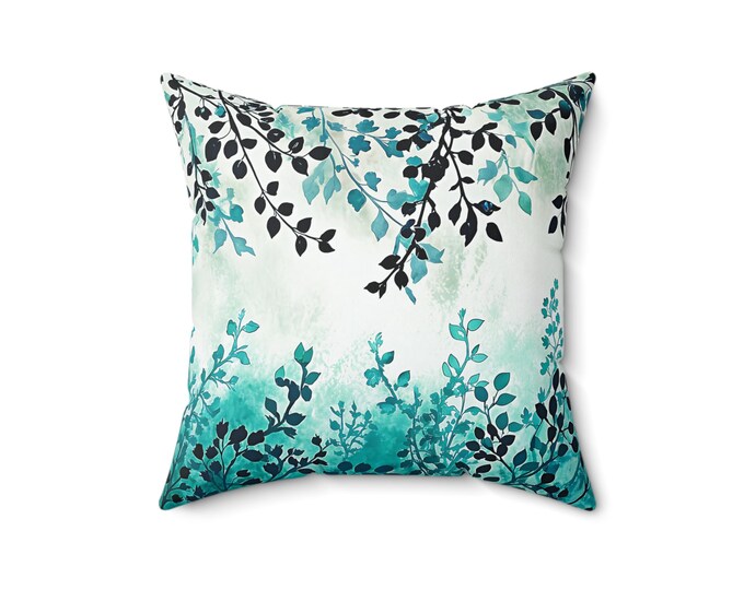 Teal Watercolor Vine Pillow | Square Throw Pillow