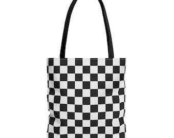 Black White Checkerboard Tote Bag | All-Over Print Canvas Tote
