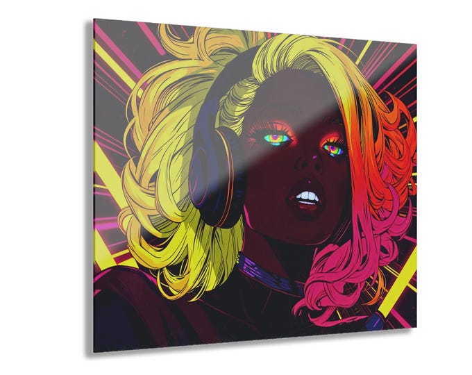 Split Spectrum Siren Acrylic Print | Neon Pop Portrait with French Cleat Hanging