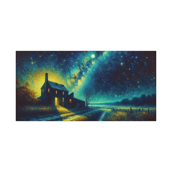 Cozy Cottage Landscape Canvas Art: Starry Night Astronomy Painting (30x15)
