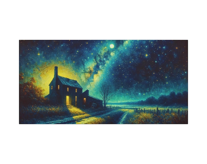 Cozy Cottage Landscape Canvas Art: Starry Night Astronomy Painting (30x15)