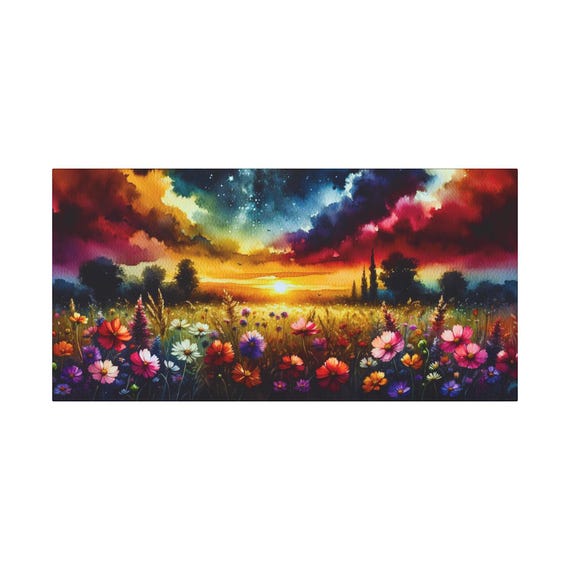 Onyx Floral Embers Canvas Wall Art: Dreamy Night Sky Decor (30x15)