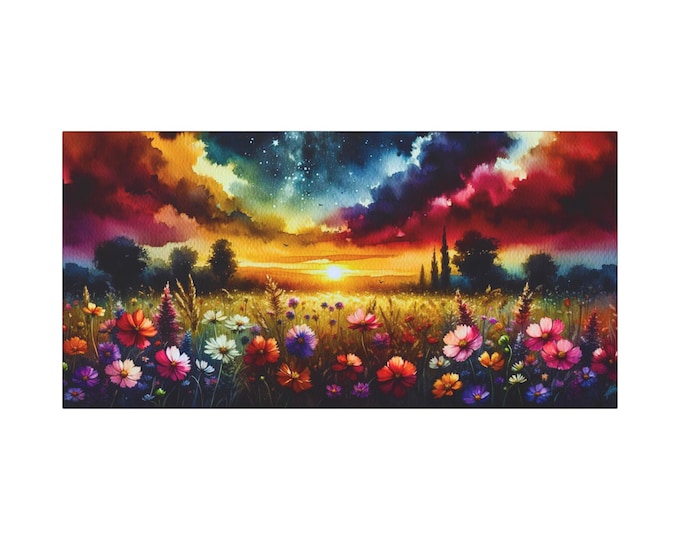 Onyx Floral Embers Canvas Wall Art: Dreamy Night Sky Decor (30x15)