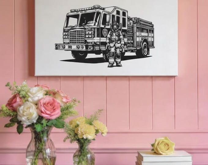 Firefighter Canvas Wall Art: Fire Truck Rescue Decor (30x15 ONLY)