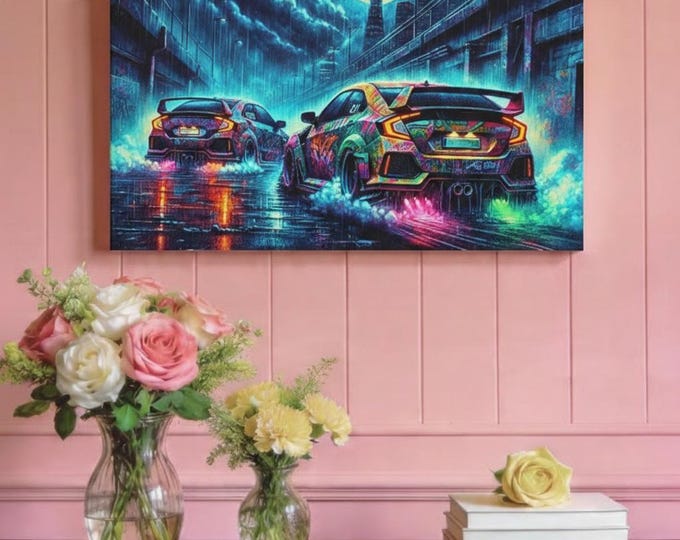 Neon Car Art Canvas: Automotive Wall Decor (30x15)