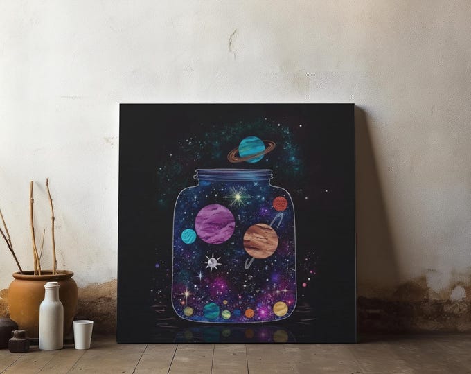 Cosmic Jar Canvas Art, Galaxy Planets, Space Lover Gift (14x14)