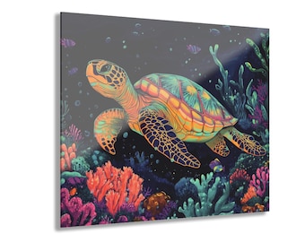 Colorful Sea Turtle Acrylic Print French Cleat Hanging | Ocean Coral Wall Art