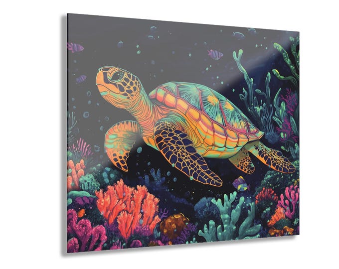 Colorful Sea Turtle Acrylic Print French Cleat Hanging | Ocean Coral Wall Art
