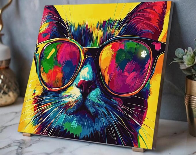 Urban Paws Icon Acrylic Print | Colorful Pop Art Cat Sunglasses w/ French Cleat Hanging