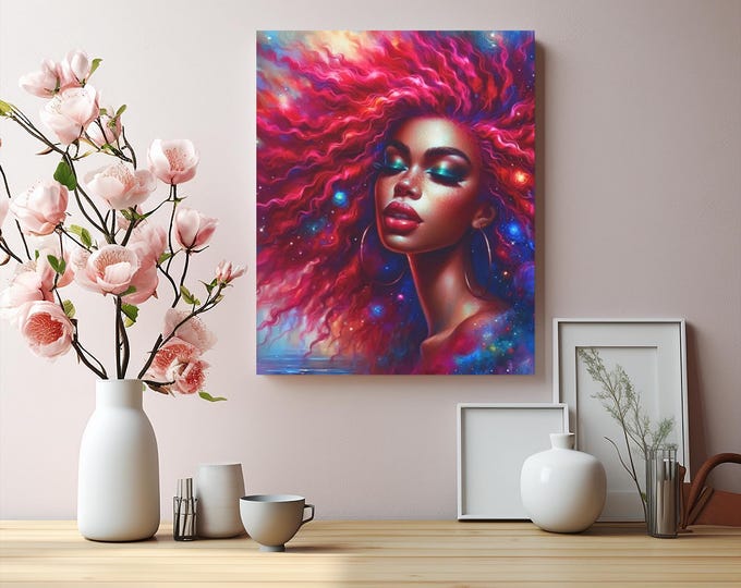 Cosmic Beauty Canvas Art: Afrocentric Galaxy Portrait, Stretched Wall Decor