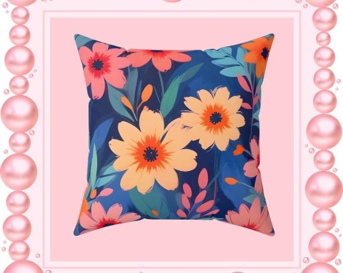 Navy Floral Pattern Pillow | Pink Square Throw Pillow