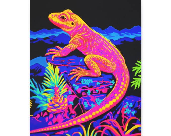 Neon Lizard Matte Canvas | Abstract Neon Amphibian Home Decor