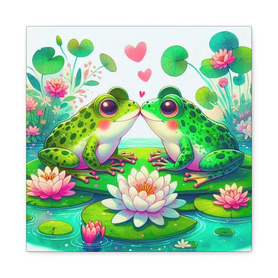 Frogs in Love Canvas Wall Art, Cute Frog Pair, Kissing Frogs Decor, Nature Lover Gift, Home Decor, Animal Art, Spring Accents, Playroom Art