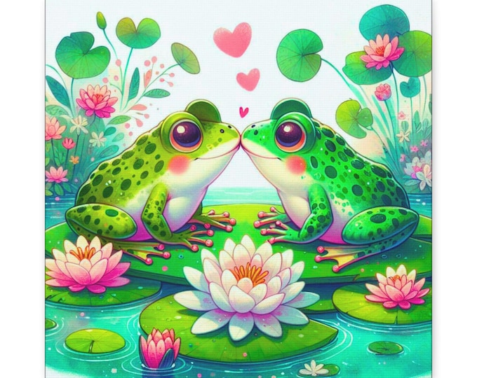 Frogs in Love Canvas Wall Art, Cute Frog Pair, Kissing Frogs Decor, Nature Lover Gift, Home Decor, Animal Art, Spring Accents, Playroom Art