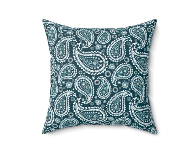 Teal Paisley Pattern Pillow | Square Decorative Throw Pillow