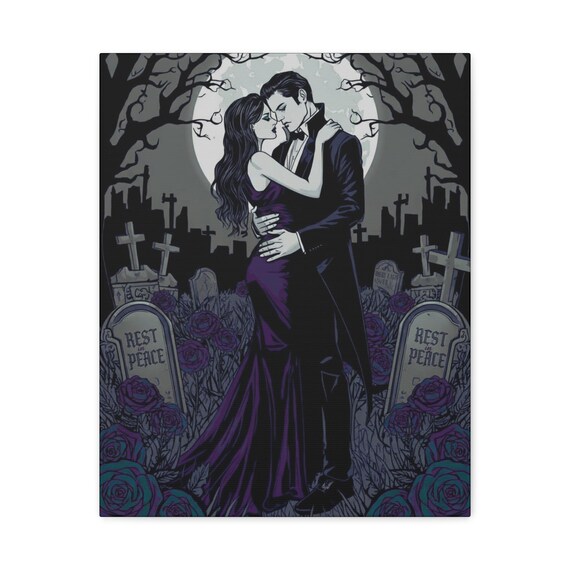 Gothic Vampire Romance Canvas Art: Shadowed Embrace, Abstract Home Decor