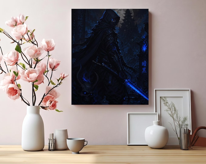 Shadowborne Matte Stretched Canvas | Dark Samurai with Blue Katana Wall Art | Gamer Decor