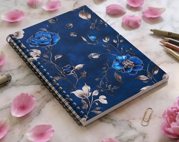 Blue Floral Pattern Spiral Notebook | Ruled Lined Journal