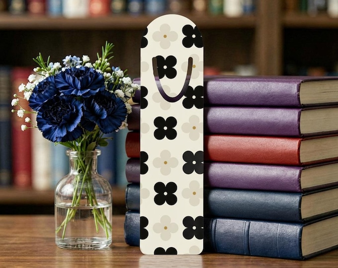Neutral Floral Pattern Bookmark | Metal Corner Bookmark with Beige and Black Flowers