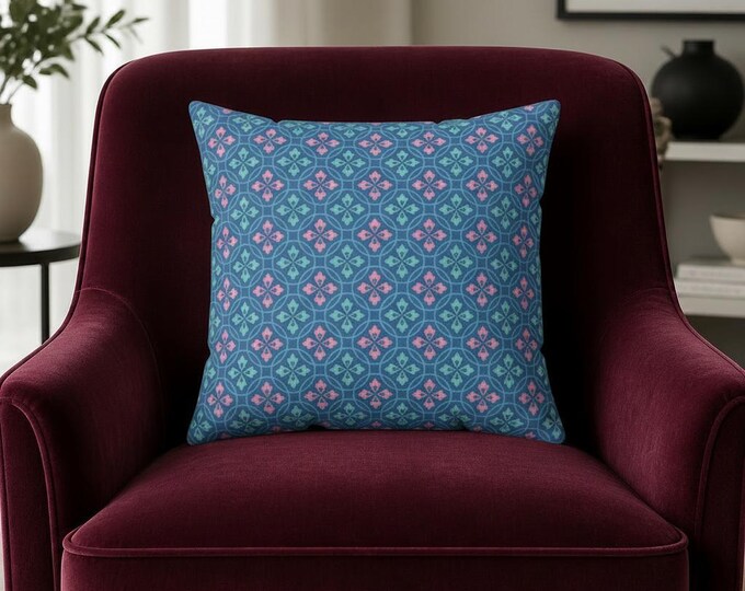 Blue Pink Geometric Tile Pattern Pillow | Square Throw Pillow