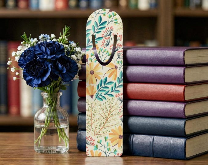 Floral Aluminum Bookmark | Yellow Flowers, Teal Leaves