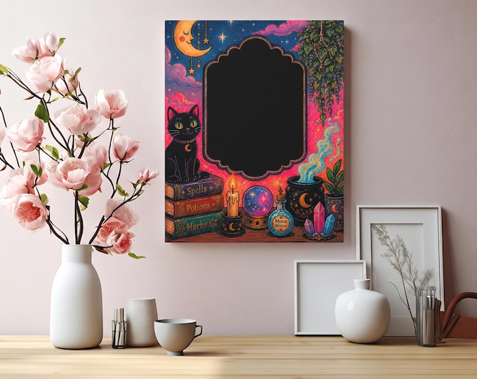 PERSONALIZE Spells Served Nightly Matte Canvas Decor | Witchy Cat Spellbook Illustration Artwork
